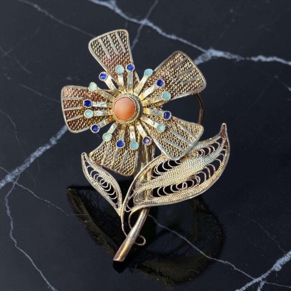 Art Deco Sterling Filigree Flower Brooch Coral Blue Enamel Pin Restored & Ready